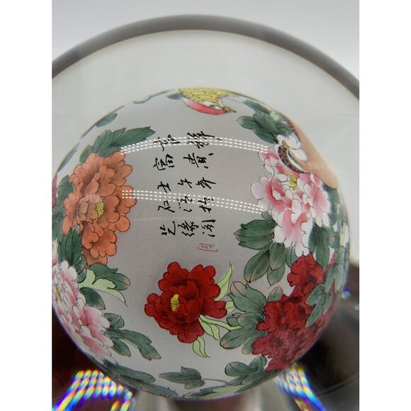 Vntg Chinese Reverse Hand Painted Crystal Ball Rotating Stand Birds Signed - Picture 8 of 8